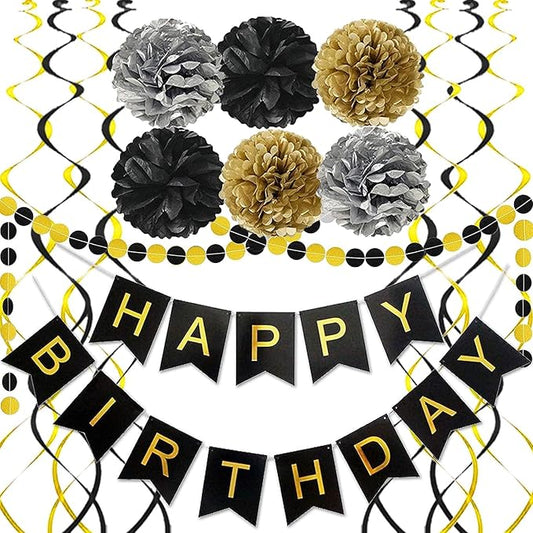 PATYDECRO Birthday Decorations, Happy Birthday Banner with Stars Hanging Swirl Streamers Honeycomb Balls Paper Circle Garland For Party Supplies（Black Gold Silver）