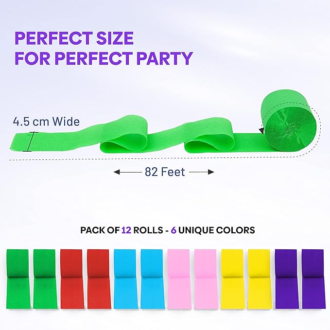 12 Unique Rainbow Streamers Rolls, 984ft Pack of Unique 12 Rainbow Crepe Paper Rolls for Party Decorations, Party Streamers for Wedding Decoration (1.8 inch x 82 ft/Roll)