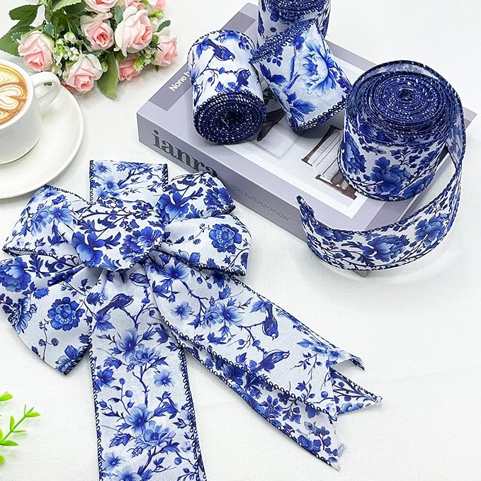 Blue and White Wired Edge Ribbon, 2.5 Inch x 20 Yards Floral Fabric Ribbon for Wreath Bow, DIY Crafts, Gift Wrapping, Wedding, Bridal Shower,4 Rolls (White and Blue)