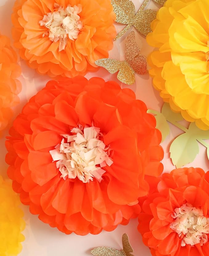 Fonder Mols Tissue Paper Chrysanth Flowers with Butterfly and Olive Leaves for Wedding Baby Shower Nursery Room Parties & Events Decorations Pom Poms (Yellow Orange)