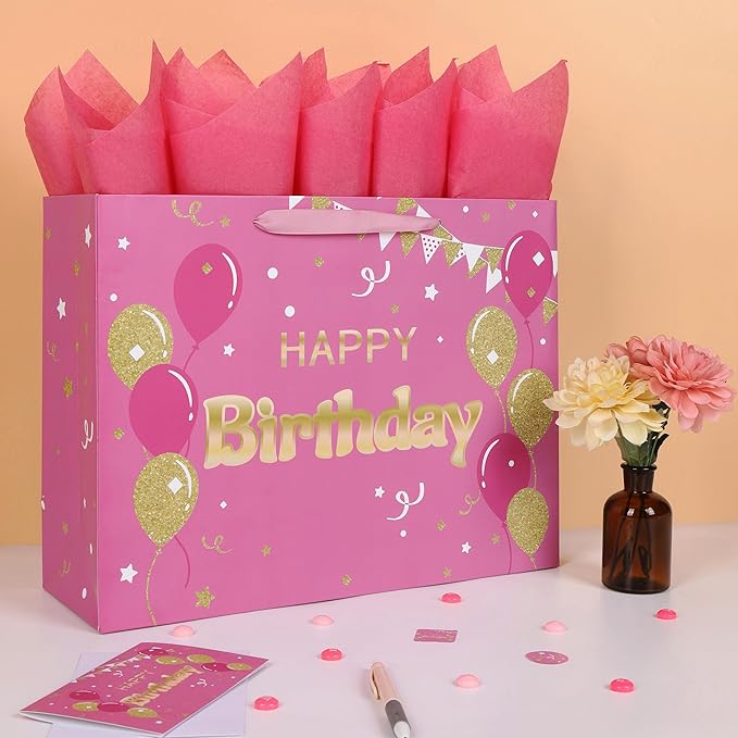 Qirrmiy 16.5" Extra Large Pink Happy Birthday Gift Bag Set with Handles, Greeting Card, Tissue Papers and Stickers for Women Girls, Balloons Design, 1 Pcs