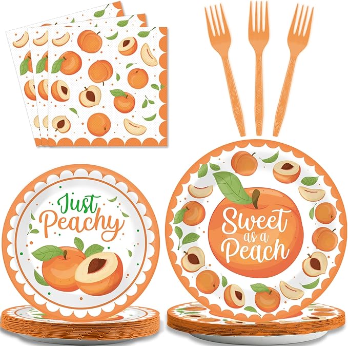 chiazllta 96 Pcs Peaches Party Decorations Peach Fruit Paper Plate and Napkins Fruit Theme Birthday Disposable Tableware Sweet as a Peach Party Supplies Party Favors for 24 Guests