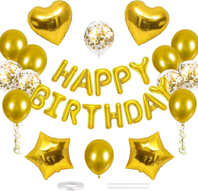 CANREVEL Happy Birthday Balloons Banner 16 Inch Mylar Foil Letters with Star & Heart Balloons Birthday Party Decorations for Men and Women - 30 Pcs Gold