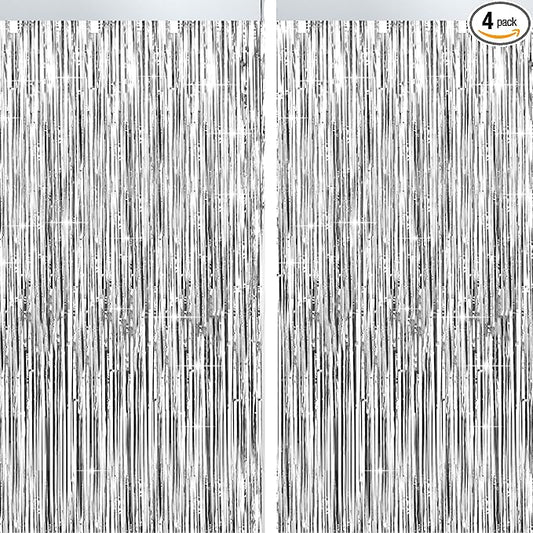 4 Packs Silver Foil Fringe Curtain, Silver Metallic Tinsel Backdrop for Birthday, Wedding, Baby Shower, Engagement, Bachelorette Party, Christmas Holiday Celebration Party Decorations Supplies