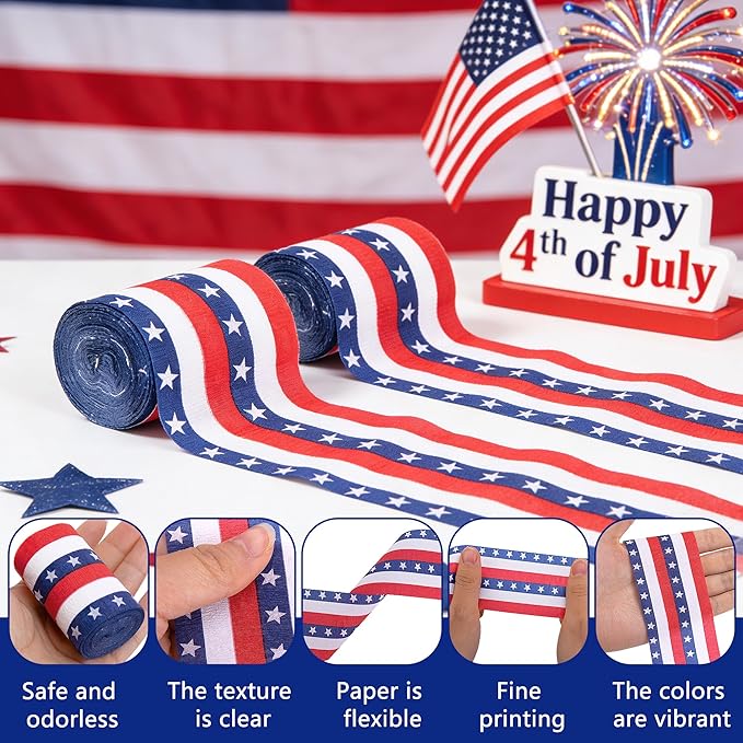 Tlswshsy 8 Rolls Patriotic Crepe Paper Streamers, 262 ft Red White Blue Crepe Rolls, Independence Day Paper Streamer Decoration for 4th of July Memorial Day American Theme Party Decor DIY Crafts