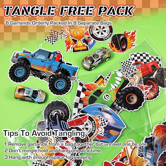 Daifunli 8 Pcs Truck Party Decorations Monster Truck Hanging Garlands Streamer Cutouts Race Car Theme Birthday Banner Backdrop for Boy Car Baby Shower Party Supplies Home Wall Ceiling Decor