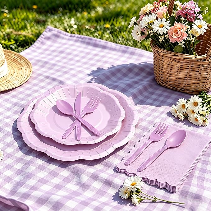 168 Pcs Lavender Party Supplies, Scalloped 9" & 7" Disposable Paper Plates with Napkins and Cutlery, Pastel Purple Tableware Set for Birthday, Baby Shower, Wedding, Mother?™s Day, Serves 24