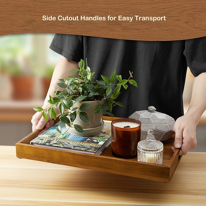 17 Inch Acacia Wood Serving Tray with Handles, Large Wooden Tray for Ottoman, Breakfast in Bed, Coffee Table, Dinner, Perfect for Living Room Bedroom Entryway and Kitchen