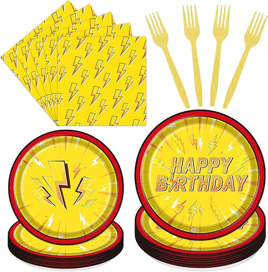 Lighting Bolt Birthday Decorations - 96PCS Lightning Paper Plates and Napkins Party Tableware Decoration Gold Flash Forks Decor Supplies, Serve 24