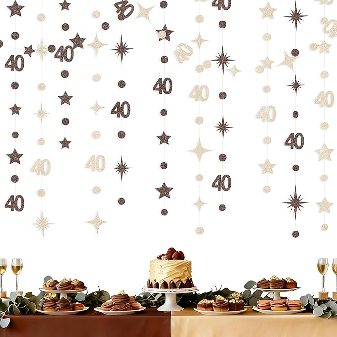 Champagne Gold Brown 40th Birthday Decorations Number 40 Circle Dot Star Garland Streamer Banner Backdrop for Women Men Forty Fabulous Cheers to 40 Years Old Birthday 40th Anniversary Party Supplies