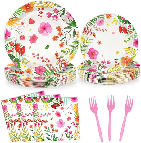 72 Pcs Tropical Luau Party Tableware Supplies, 9&7 Inch Aloha Hawaiian Disposable Dinnerware Paper Plates with Napkins and Disposable Plastic Forks for Hawaiian Tropical Summer BBQs Birthday Supplies