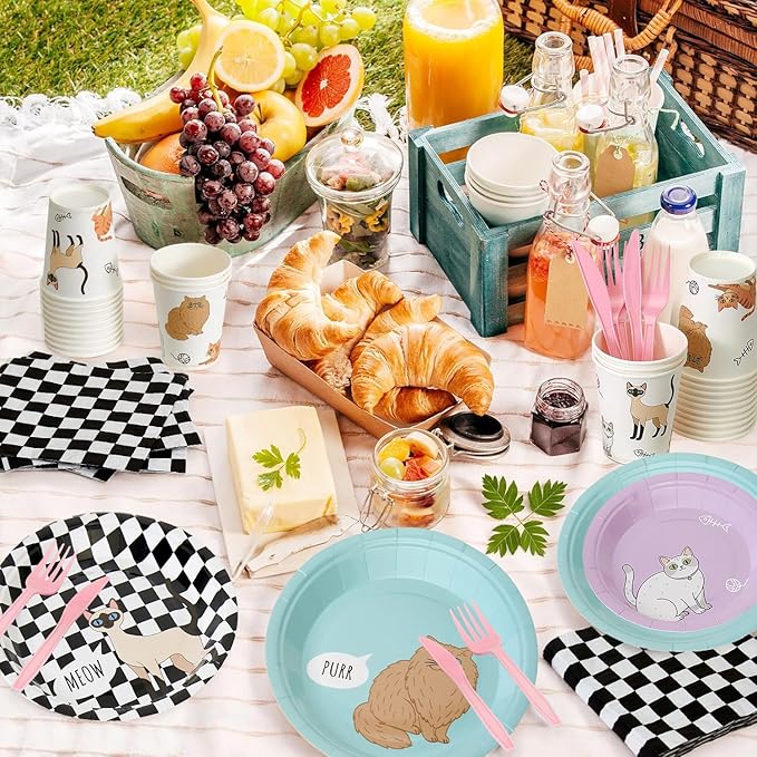 144Pcs Cat Birthday Party Supplies Decorations Cat Themed Paper Plates Napkins Vintage Party Tableware Disposable Pet Dinnerware Set for Kids Birthday Baby Shower Table Decor, Serve 24