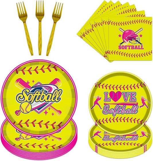 Rakuto Softball Party Decorations Supplies, 96PCS Party Paper Plates Napkins Forks Softball Plates Dinnerware, Sports Birthday Baby Shower Tableware Set (24 Guests)