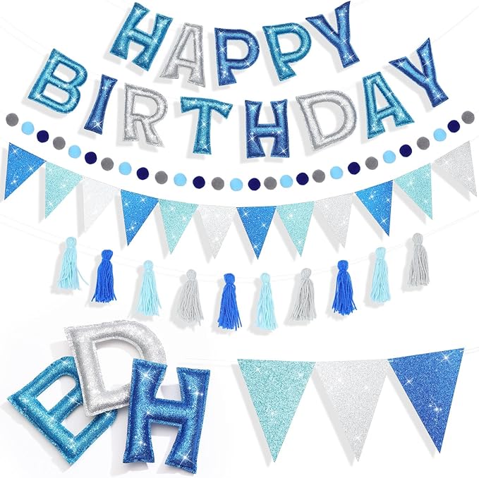 Mindsoft 5 Pcs Pre-Strung Blue and Silver Happy Birthday Banner Set, Felt Glitter Happy Birthday Garland with Ball Garland, Pennant Flags and Tassels, Birthdays Party Decorations for Kids and Adults