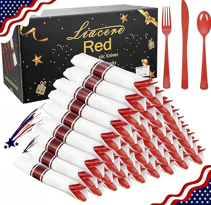 Liacere 400PCS Pre Rolled Red Silverware and Napkin - Disposable Red Plastic Utensils-Wrapped Plastic Cutlery Set with Napkin:100Forks,100Knives,100Spoons,100Napkins for Graduation & Memorial Day