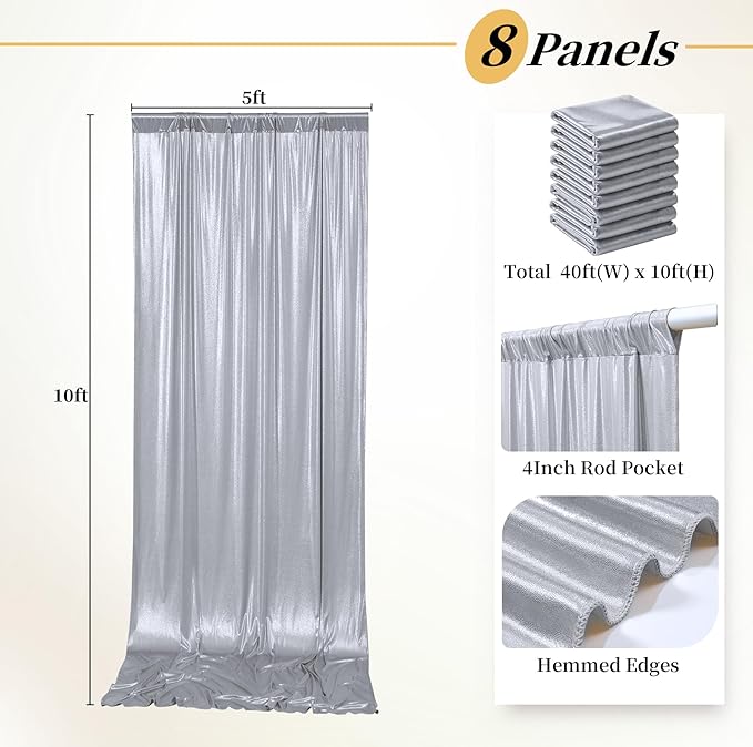 40ft x 10ft Silver Sequin Backdrop Curtain for Parties, Wrinkle Free Thick Glitter Photo Backdrop Drapes 8 Panels 5x10FT Back Drop Cloth Shiny Fabric for Wedding Birthday Photography Background