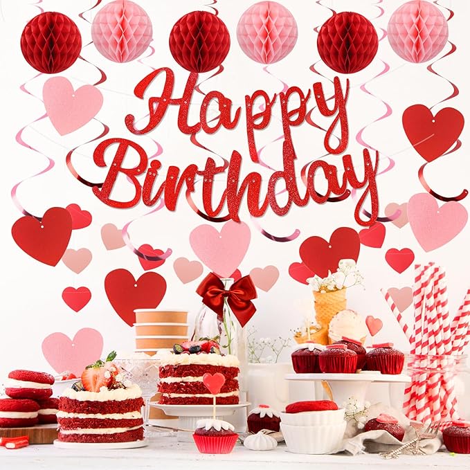 YEOCU Birthday Decorations, NO DIY, Pre-Strung Happy Birthday Banner with Honeycomb Balls, Hanging Swirls, Circle Dots Garland, Happy Birthday Party Decorations for Women Men Boys Girls (Red)