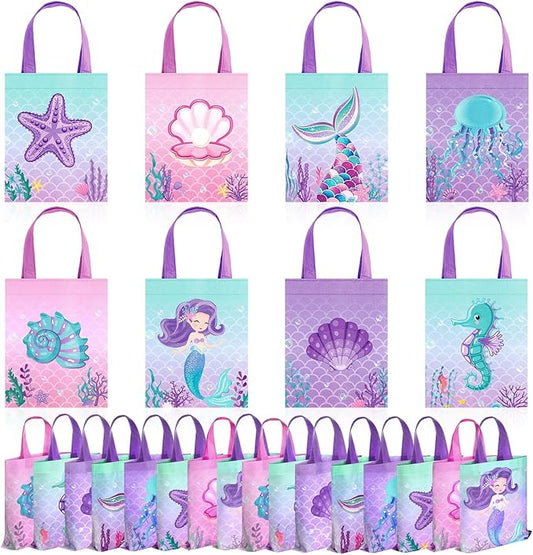 Photect 32 Pcs Mermaid Party Favor Bags Under the Sea Party Goodie Bags Marine Sea Animals Treat Pouch Reusable Mermaid Non Woven Tote Pouch for Girls Birthday Ocean Theme Baby Shower Supplies