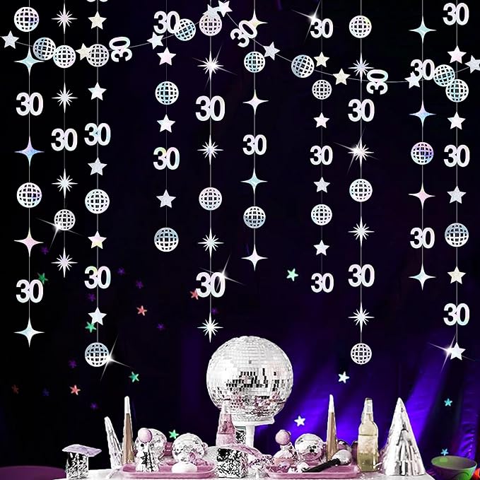 52Ft Iridescnt 30th Disco Birthday Decorations Laser Silver Number 30 Disco Ball Twinkle Star Garland Metallic Streamer Banner Backdrop for Mens Womens Happy Dirty Thirty Cheers to 30 Years Old Party