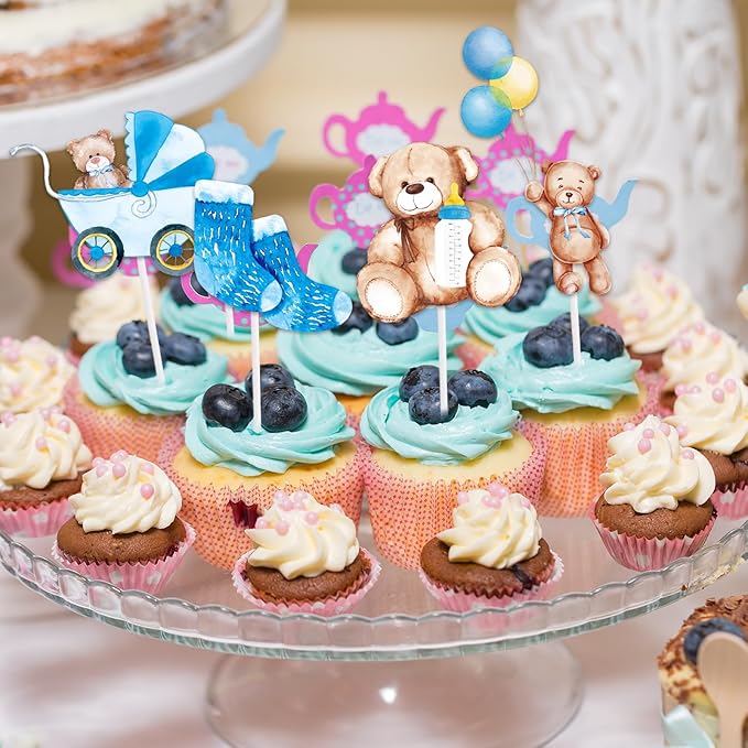 Whaline 72Pcs Bear Baby Shower Cupcake Topper Blue Baby Boy Cupcake Picks We Can Bearly Wait Cake Decorations for Baby Shower Kids Boys Birthday Party Supplies, 12 Designs