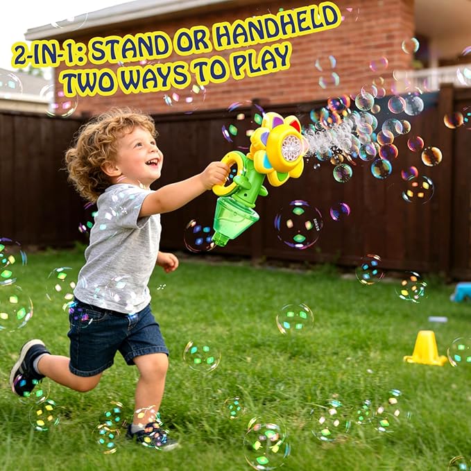 AIERSA 2 Pack Flower Bubble Stand Machine,Sunflower Bubble Maker with Lights, Height Adjustable Rechargeable Automatic Bubble Blower for Outdoor Backyard Party