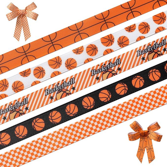 Basketball Ribbons 5 Rolls 20 Yards, 5/8" Cute Basketball Grosgrain Ribbons for Theme Party Decor Gift Wrapping Sewing Crafts Making Hair Tie Cheer Bows and Sport Team Decorations