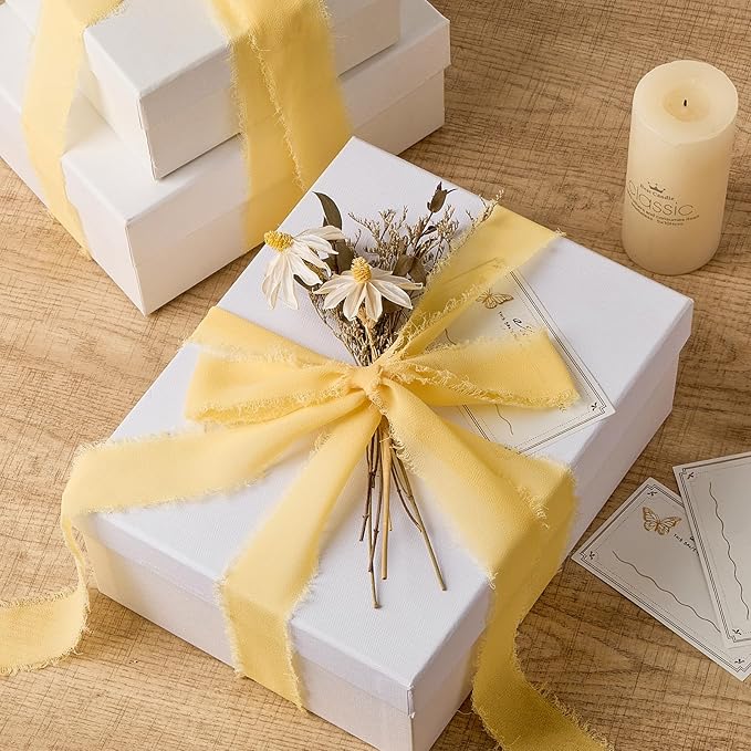 Cream Yellow Chiffon Ribbon 1.5" x 21 Yd Handmade Fringe Silk Chiffon Fabric Ribbon for Gift Wrapping Wedding Invitation Bridal Flower Bouquet DIY Crafts Home Decor