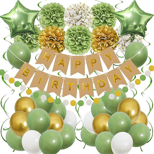 Sage Green Birthday Decorations, Party Decorations with Happy Birthday Banner for Women Boys Girls Dinosaur Safari Olive Green Wild One Birthday Party Supplies