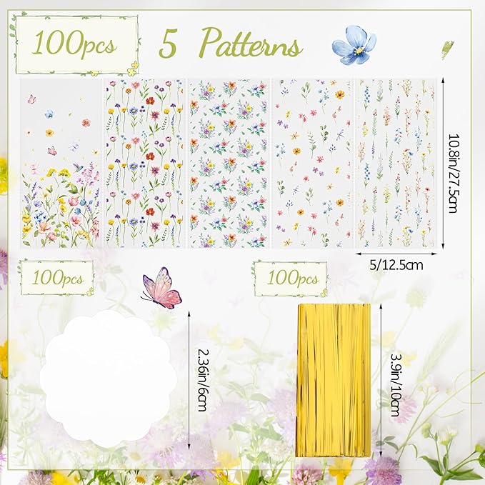 woric 100 Set Wildflower Cellophane Treat Bags Plastic Floral Candy Bags Goodie Bag with 100 Gift Tags and Twist Ties for Bridal Shower Wedding Birthday Baby Shower Summer Picnic Party Favors