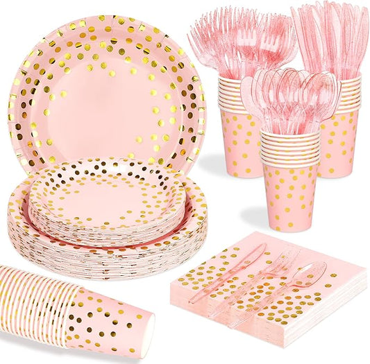 175 Pcs Pink and Gold Party Supplies, Serves 25 Pink Gold Foil Dot Disposable Dinner Tableware Set Gold Plastic Forks Spoons Knives Plates Napkins Cups Party Supplies for Birthday Wedding Graduation