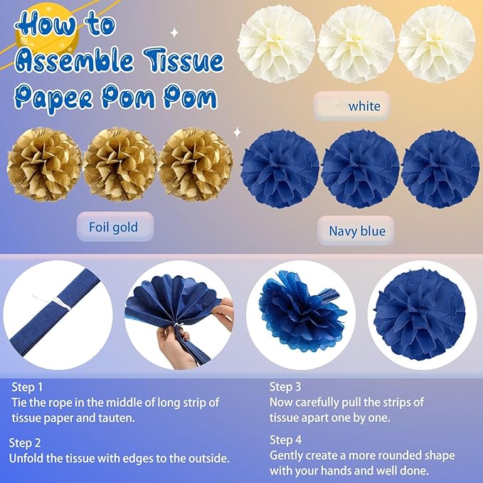 74 Pieces Navy Blue Gold Party Decoration for Graduation Includes Tissue Paper Pom Pom Flower Gold and Navy Balloon Circle Banner Tassel Garland Birthday Bridal Shower Wedding Party