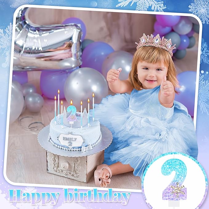 MTLEE Number 2 Birthday Candle Blue Snowflake with 6 Long Thin Cupcake Candles Blue Sparklers Glitter Number Happy Birthday Cake Topper Decorations for Winter Party Supplies