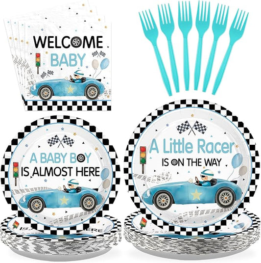 96Pcs Blue Race Car Baby Shower Decorations for Boys Blue Race Car Plates and Napkins A Little Racer Is on the Way Plates for Birthday Baby Shower Party Supplies Serves 24