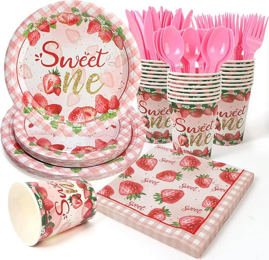 168Pcs Sweet One Birthday Decorations Pink Strawberry Paper Plates and Napkins Cups Knives Forks Spoons for Baby Shower Kids First Birthday Party Decorations Supplies for Girls Boys