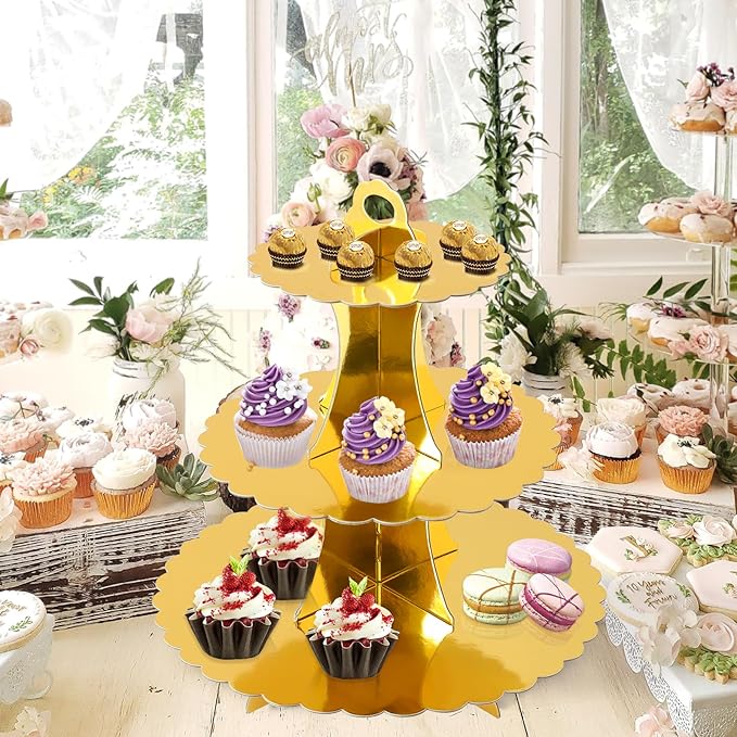 Soleebee 3-Tier Cupcake Stand, Cardboard Cupcake Tower, Dessert Cup Cake Stand Tower for Birthday Wedding Party Decoration, Cupcake Tier Stand 1 Set (Gold)