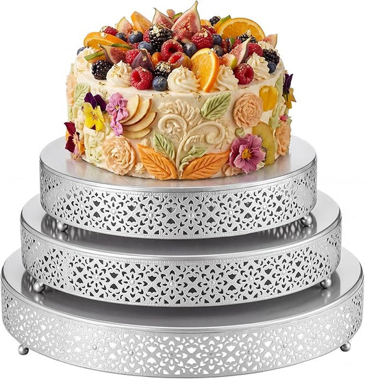 Wenqik 3 Pcs 16'' 14'' 12'' Metal Silver Cake Stand Round Cake Stands for Dessert Table Cookies Fruit Serving Tray Cupcake Dessert Pastry Riser for Wedding Birthday Party and Events