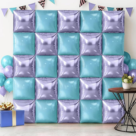 KatchOn Purple and Light Blue Square Foil Balloon Wall Backdrop – 19 Inches, Pack of 25 | Double-Sided Purple & Blue Balloons for Mermaid Birthday Decorations | Under the Sea Party Decorations