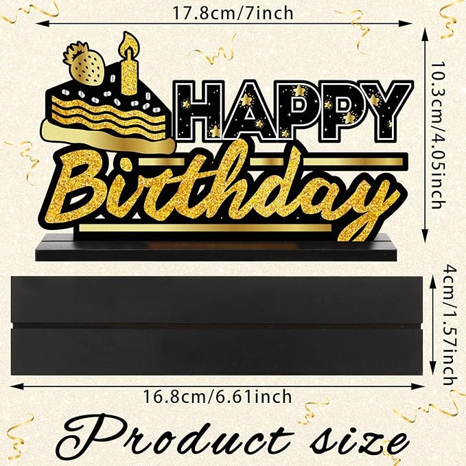 Leinuosen 6 Pieces Happy Birthday Table Centerpiece Black and Gold Happy New Year Wooden Sign Table Topper Party Decoration for Women Men Birthday Baby Shower Photo Booth, 6 Designs