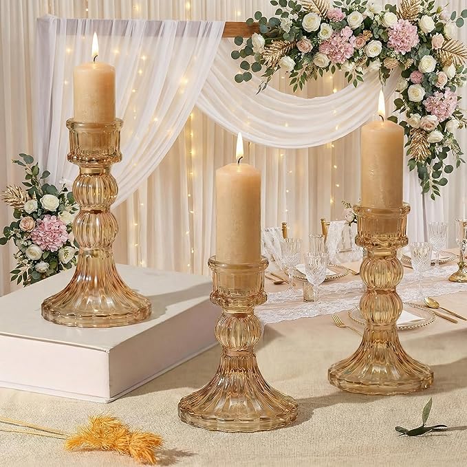 Amber Crystal Glass Candlestick Holders Set of 3, Vintage Taper Candle Holders for Table Centerpieces Decor, Valentine‘s Day, Wedding, Anniversary, Thanksgiving, Christmas Home Decor