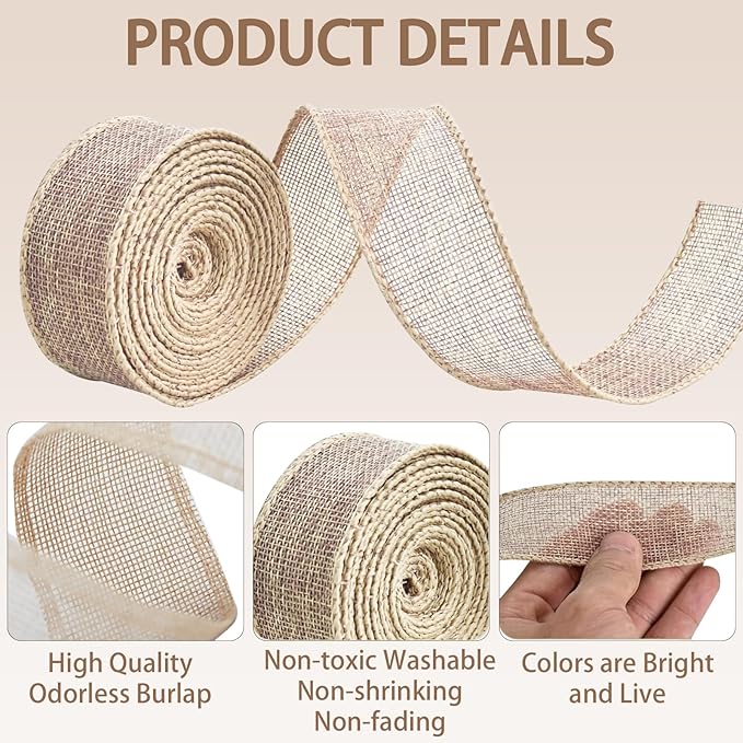 Burlap Ribbon 2 inch X 10 Yard Natural Burlap Woven Ribbon DIY Handmade Edging Production Wreath Holiday Decoration Gift Ribbons for Gift Wrapping Jute Linen Ribbons