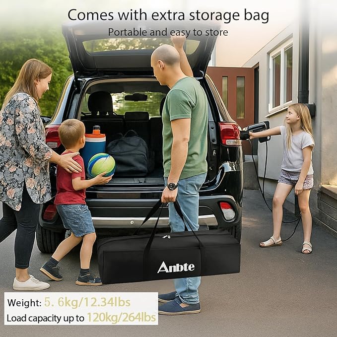 Anbte 34.2” Tall Camping Table Foldable, 2 Adjustable Height Large Roll Up Camping Table Support 264lbs with Storage Basket and Bag, Waterproof, for Travel BBQ Outdoor Patio, 39.4” x 19.7”, Black