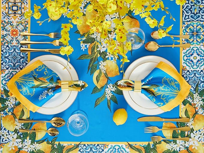 YiHomer Provence Blue Lemon Mediterranean Tile Tabletop for Spring Summer Decorations, Picnics and Dinner Parties - Indoor Outdoor, Stain and Water Resistant, Tablecloth, 60 x 102 Rectangle