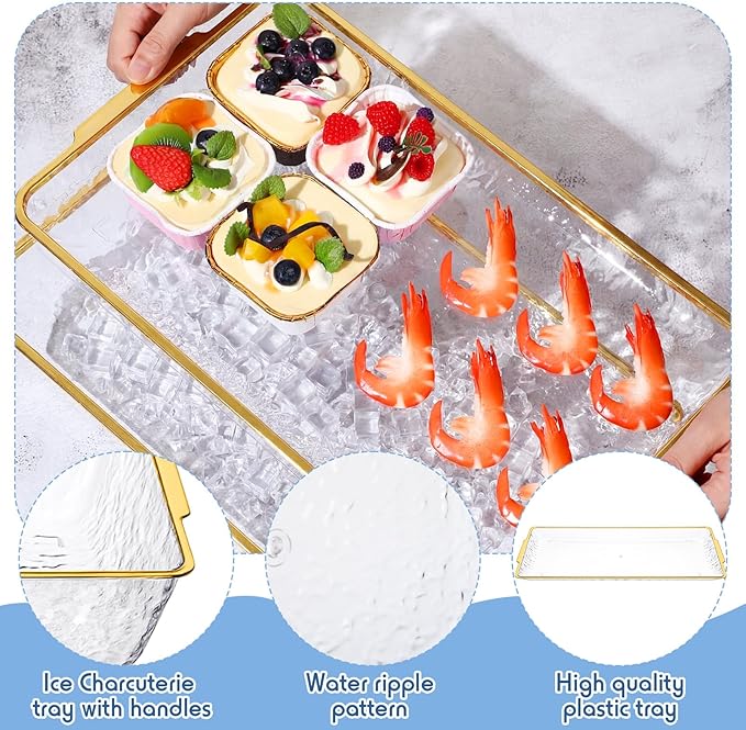 Baderke 2 Set 16" x 9" Plastic Chilled Serving Tray for Parties with Compartments Ice Chilled Party Platter Charcuterie Serving Board Cold Dish Dip for Fruit Seafood Vegetable Appetizer (Gold Rim)