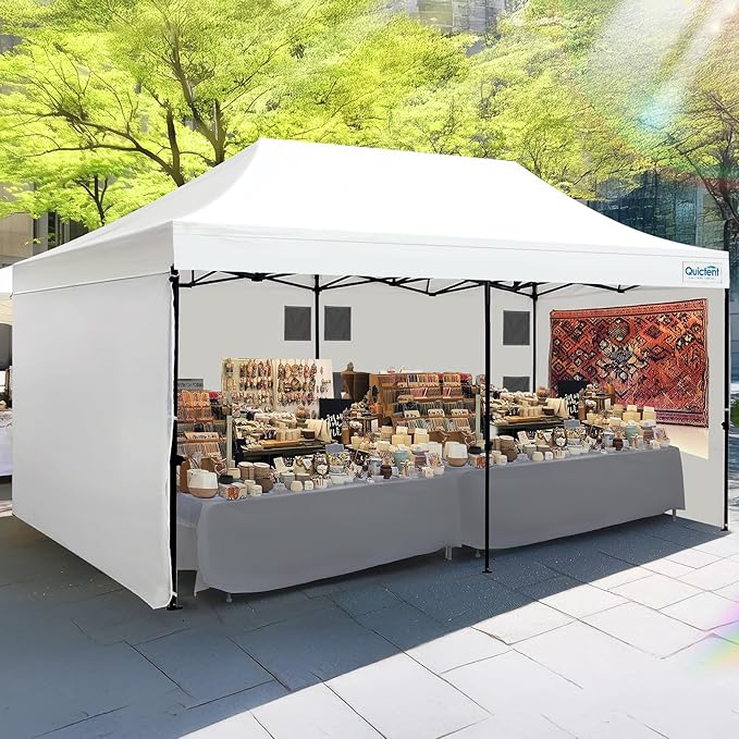 Quictent 10x20 Heavy Duty Pop up Canopy Tent with 3 Removable Sidewalls, Commercial Grade Instant Shelter with Wheeled Bag for Outdoor, Parties, Markets, 600D PU Coated UPF 50+ Sun Shield
