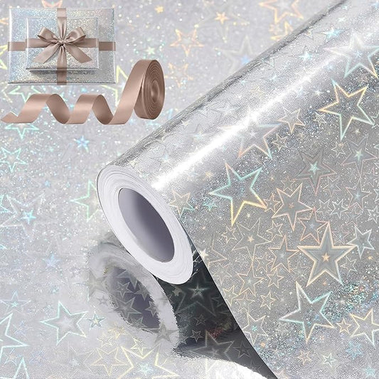 Bafeil Silver Holographic Star Wrapping Paper Roll with Ribbon, Metallic Shiny Gift Wrap, 17 in x 32.8 ft, Sparkly Silver Wrapping Paper for Birthday, Wedding, Graduation, Baby Shower & Holiday Gifts