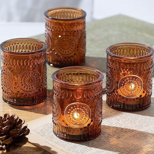 Lanttu Amber Votive Candle Holder Set of 12, Glass Tea Light Candle Holders for Home Table Centerpiece, Dinner Parties, Weddings Decor