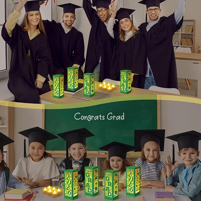 Rossesay 6 Pcs Graduation Table Centerpieces Boxes Class of 2026 Graduation Lanterns for Centerpieces with LED Candles Congrats Grad School College Photo Props for Party Table Decoration (Green)