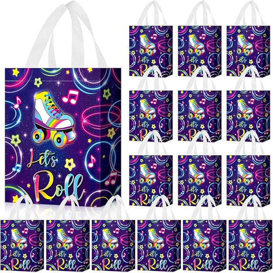 Locmeo 24 Pcs Large Roller Skate Party Favor Bags with Handles Reusable Non Woven Skating Goodie Bags Retro 80s 90s Candy Treat Gift Bag for Girl Boy Birthday Baby Shower Party, 8 x 4 x 10 Inch