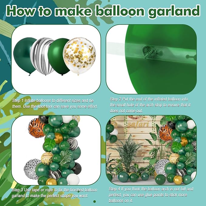 Amandir 152Pcs Jungle Safari Balloon Garland Arch Kit, Gold Dark Green Animal Balloons Artificial Tropical Palm Leaves Decorations Boy Girl Wild One Birthday Party Supplies