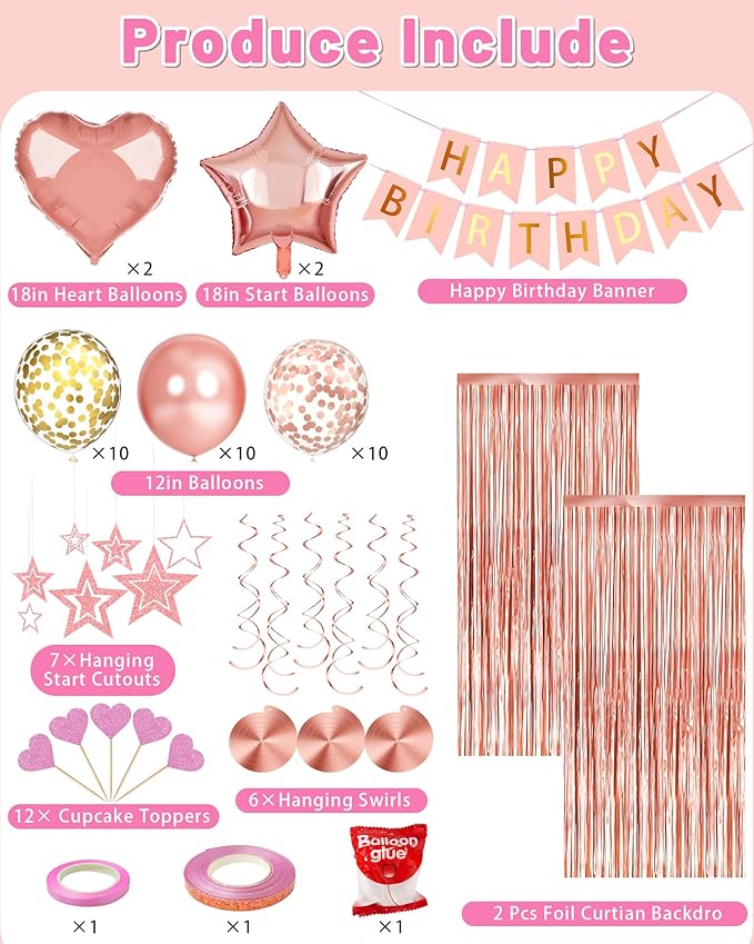 Lutoys Rose Gold Happy Birthday Party Decorations, Happy Birthday Banner, Rose Gold Foil Heart Star Confetti Balloons Curtain Backdrop Hanging Swirls Party Decor for Girls Women Princess